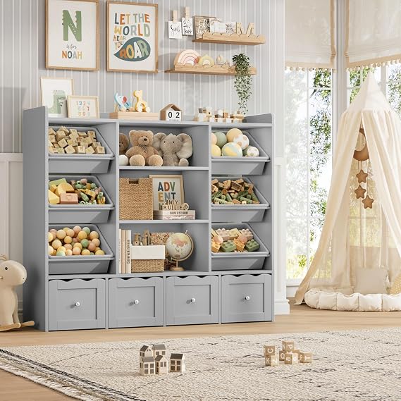 HITHOS 55" W Kids Toy Storage Organizer with 10 Toy Box & Book Shelf, Gray
