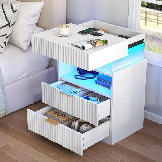 Night Stand with Wireless Charging Station, White Bedside Table with Hidden Gun Drawer & LED Lights, Modern End Table with 2 Drawers, Fluted Nightstands with Open Storage Shelf for Bedroom