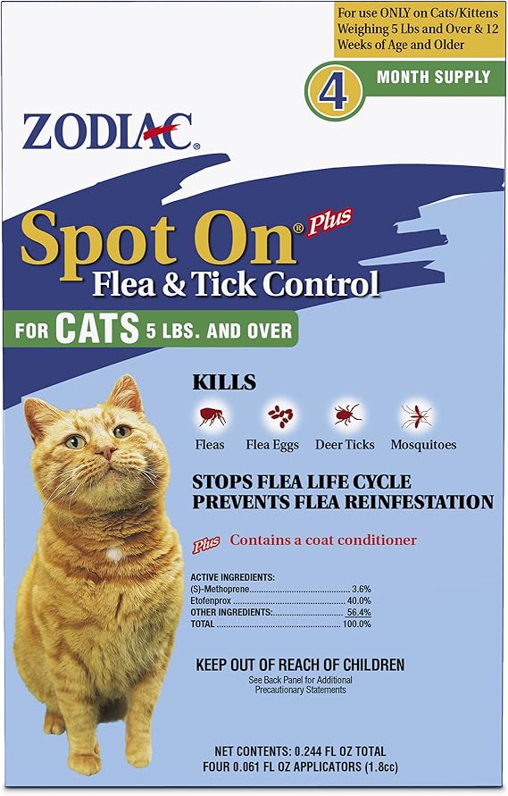 Zodiac Spot On Flea & Tick Prevention for Cats 5 lbs and Over, 4 Pack