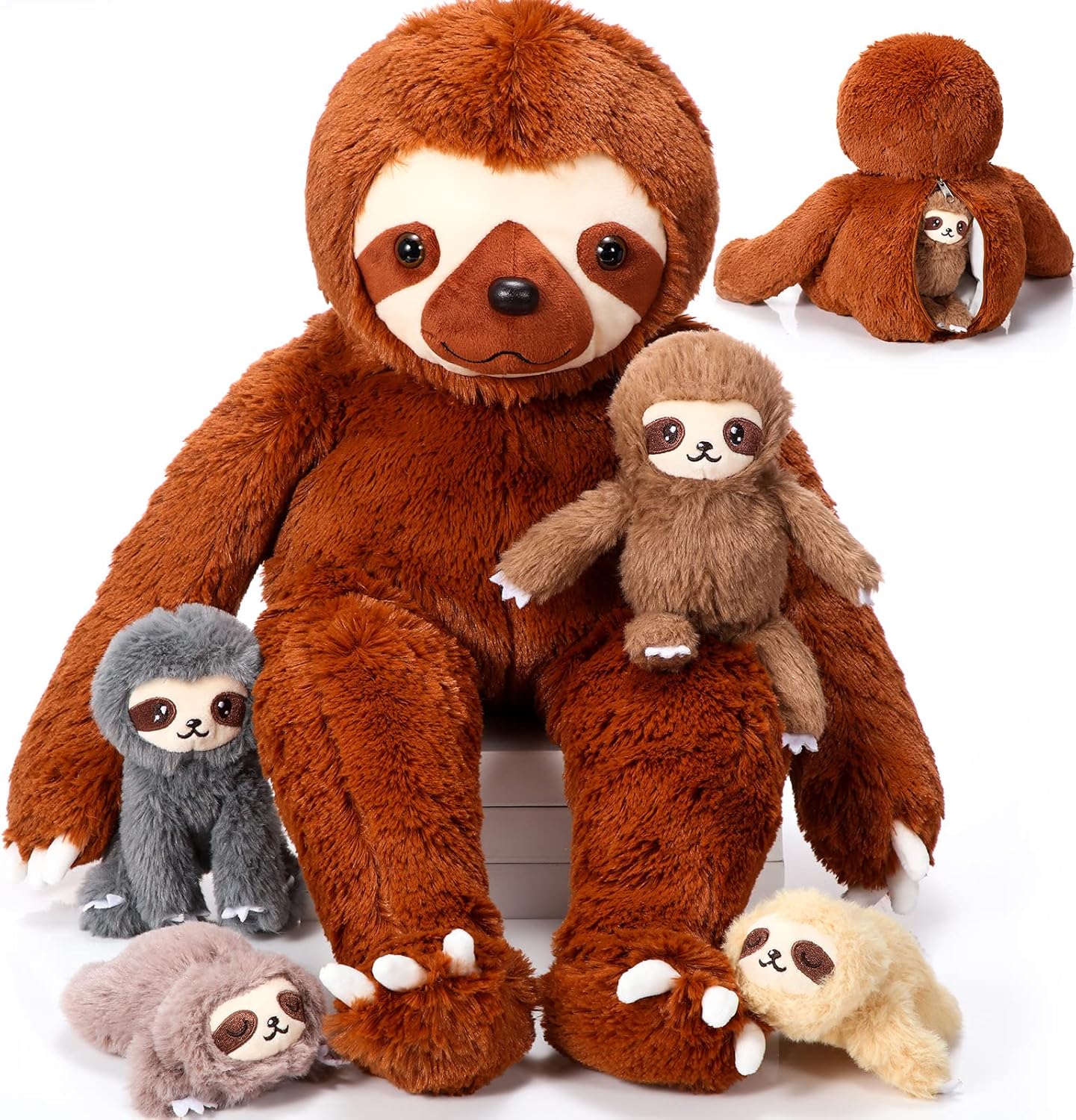 Kasyat 5 Pcs Sloth Plush Toy Set 13 Inch Mommy Sloth Stuffed Animal with 4 Cute Baby Plushies in Zippered Belly for Kids Birthday Gifts Home Decors Baby Shower Birthday Party FavorsBrown