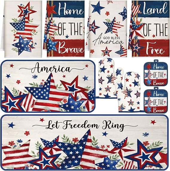 Fourluoo 10 Pcs 4th of July Kitchen Decor and Accessories Red Blue and White Oven Mitts and Pot Holders Set Dish Towels Patriotic Independence Day Kitchen Decor for Chef Baking Cooking BBQ Women Gift