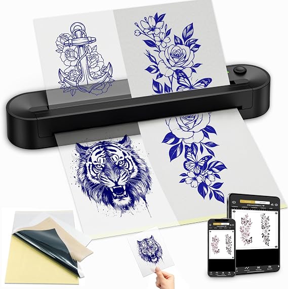 Tattoo Stencil Printer, Bluetooth Thermal Printer with Save Custom Templates, Multi Sizes A4, Tattoo Transfer Printer, Professional & Beginner Friendly, for iOSAndroid Phone/iPad/PC -Black