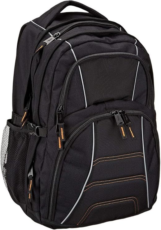 Amazon Basics Backpack Compatible with Most 17" Laptops with Padded Shoulder Straps and Storage Compartments for Pens, Keys and Mobile Phone, Black