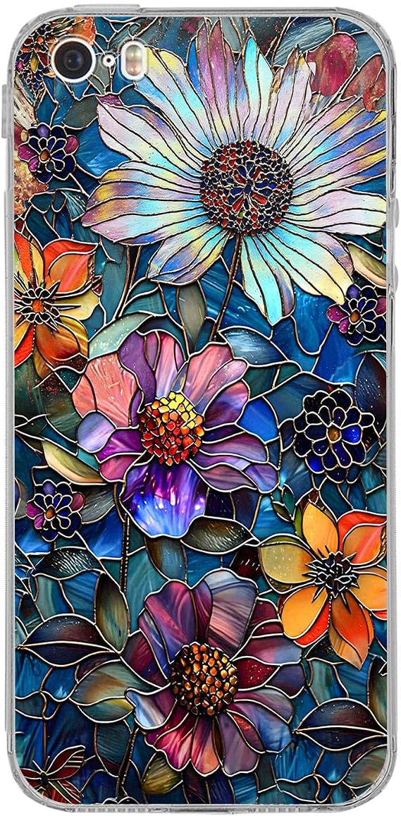 PrintiFy iPhone 5 SE ile Uyumlu Vitray Mücevher Flora Tasarımlı Şeffaf Silikon Kılıf