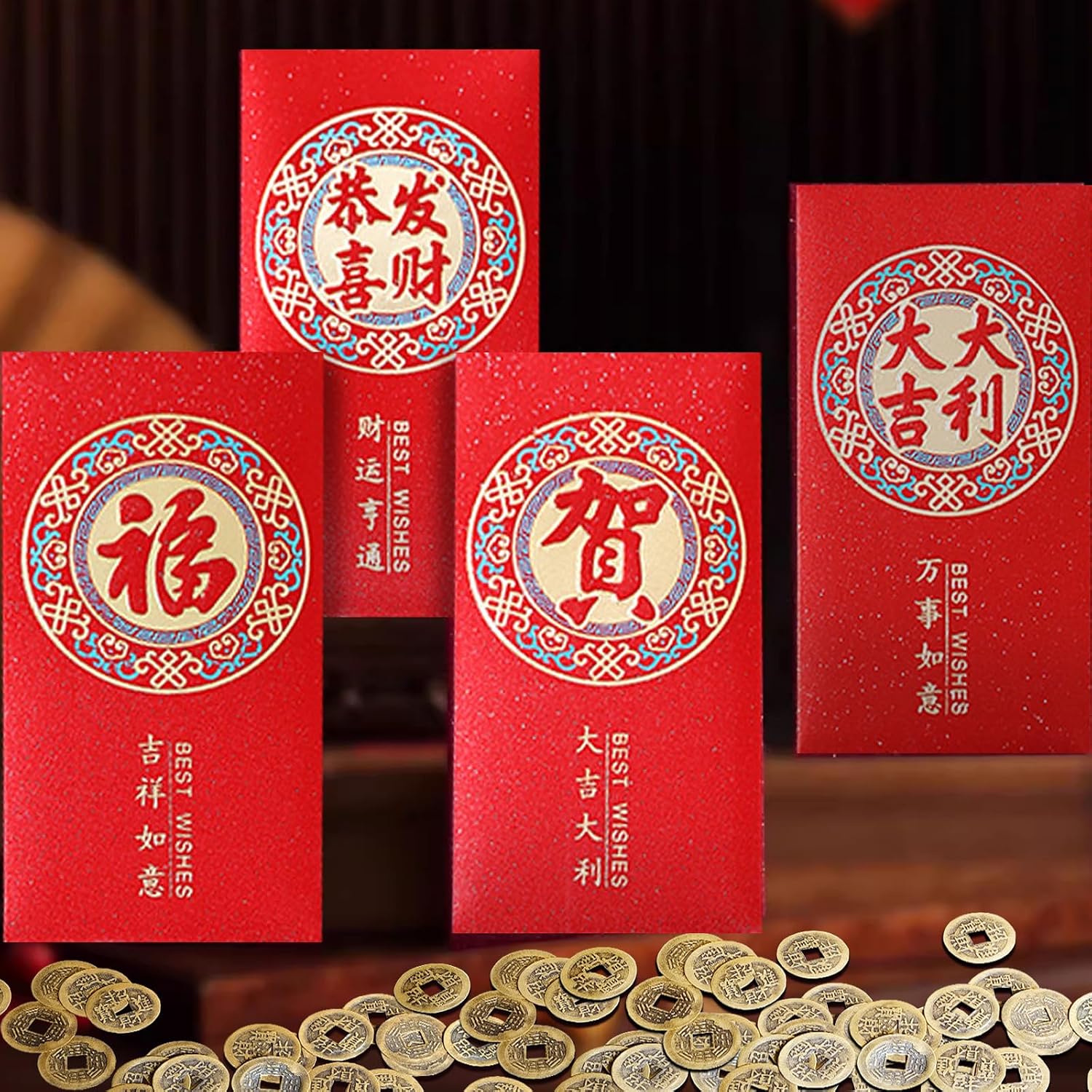 Chinese Red Money Envelopes Year of The Snake 2025 Lunar New Year Hong Bao with Brass Feng Shui Lucky Coin, 17x9 cm