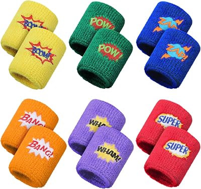 24 Pieces Sports Wristbands Colorful Wrist Sweatbands Terry Cloth Wristbands with Pow Zap Design for School Students Teacher Sports Fan Birthday Basketball Party Favors 6 Styles