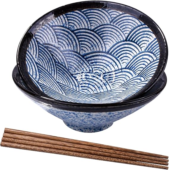 Porcelain Ramen Bowl with Chopsticks Set of 2, 7.6" Blue Wave Soup Bowls