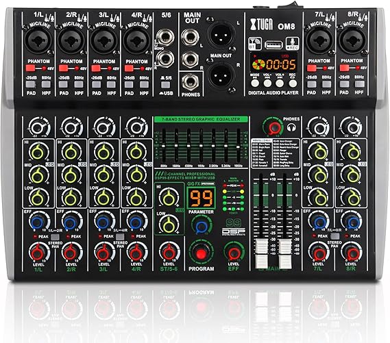 XTUGA Audio Mixer 8 Channel for PC, DJ Sound Board with Stereo EqualizerPADHPF, USBBluetooth48V Phantom Power for Karaoke Party Studio Streaming RecordingOM8