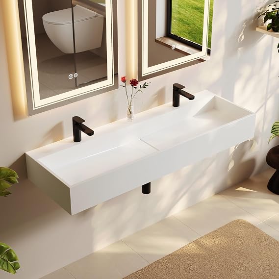 47'' Bathroom Vessel Sink Double-Bowl Bathroom Sink Wall Mounted Trough Floating Sink in Matte White