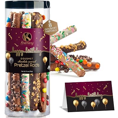 KREMERY Creamy Chocolate Cravings - Birthday Treats Chocolate Covered Pretzel Rods Gift Basket with Candied Toppings 8 Pretzels Sweet Treats Food Arrangement in Clear Tube  Greeting Card, Kosher