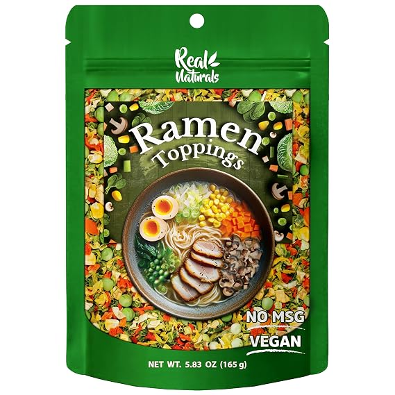 Dried ramen toppings. Dehydrated vegetables for ramen topper include Cabbage, Spinach, Chive, Carrot, Corn, Greenpea & Shitake mushrooms. (5.83oz mixed vegetables)