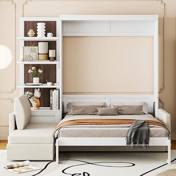 Harper & Bright Designs Queen Size Murphe Bed with Sofa and Shelves, Solid Wood Murphy Cabinet Bed with Storage and Sturdy Support for Apartment, Studio, White