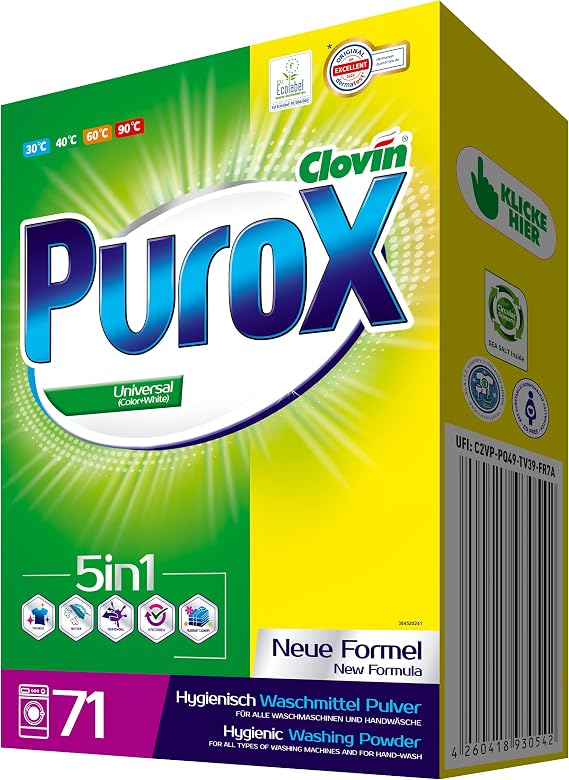 PUROX UNIVERSAL Powder Detergent (71 Washes) for Coloured and White Clothes, 5 kg Box