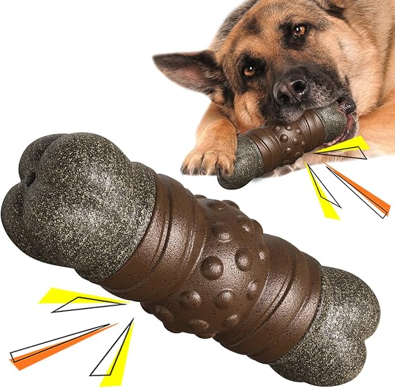 Indestructible Squeaky Dog Chew Toys for Aggressive Chewers, Food Grade Material, Tough Durable Dog Toys for Medium Large Breed (Brown)