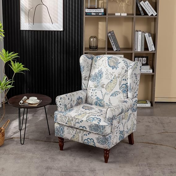 Mid Century Modern Accent Chair, Upholstered Retro Armchair with Wood Legs Floral Pattern Single Chair for Living Room Bedroom