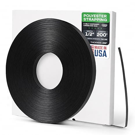 IDL Packaging 1/2" x .028" x 200' Mini Polyester (PET) Strapping Coil, 760 lbs Breaking Strength, Black - UV, Water and Rust Resistance - Flexible and Strong Packaging Banding