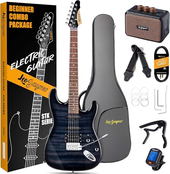 Leo Jaymz 39" Full Size ST Style Electric Guitar Starter Kit with SSH Pickup, 5W Portable Amp, Tuner, Gig Bag, Strap & Accessories(Black Flame 5W)