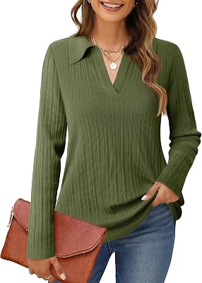 Timeson Ladies Winter Tops Long Sleeve Womens Blouses and Tops Business Casual Clothes Office Work Tunics Sweater Fall Outfits V Neck Professional Attire Clothes Interview Dress Shirts Fern Green 2XL