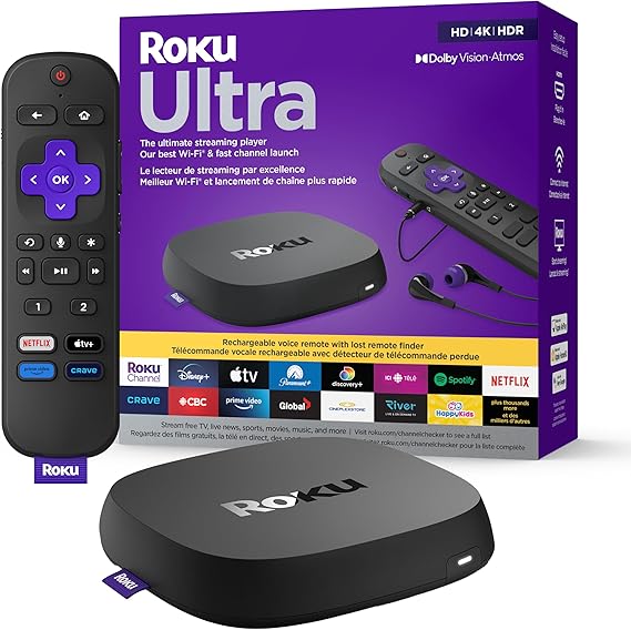 Roku Ultra (4K/HDR/HD) Streaming Player with Enhanced Voice Remote, Ethernet W/Premium 6FT 4K Ready HDMI Cable & 64GB MicroSD for Faster Channel Loading (US Version), Black (4802CA)