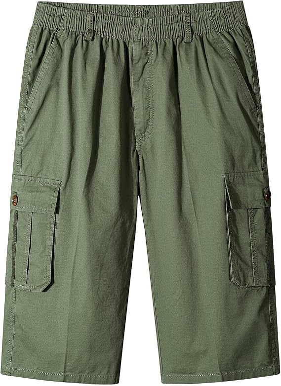 Men's Casual Cargo Shorts Elastic Work Shorts Multi-Pocket Cropped Trouser Summer Cotton Bermuda Shorts