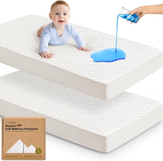 2pk Waterproof Crib Mattress Protector Cover Fitted 52x28 (Soft White/Mavy) | Soft Quilted Cotton Crib Mattress Pad Cover, Quiet Waterproof Crib Sheets, Machine Washable, Easy Fit, Durable Baby Sheets