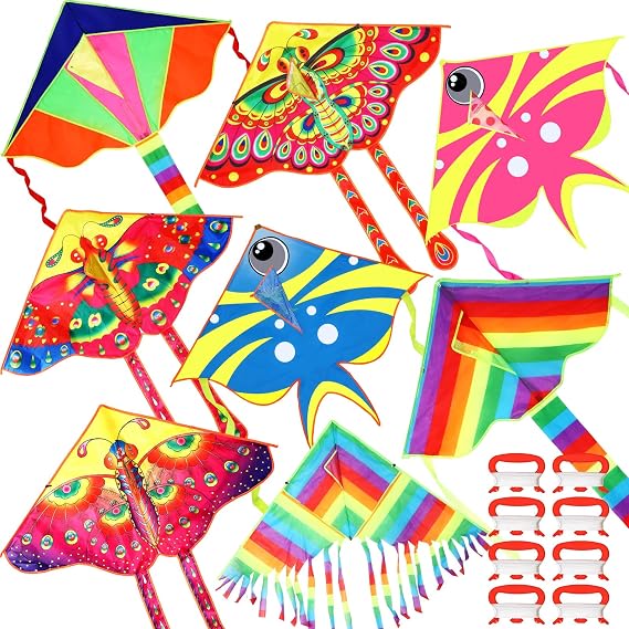 Foilswirl 8 Pack Kites for Kids Butterfly Fish Rainbow Delta Pattern with 8 Pcs 109 Yard Kite String Large Easy to Fly for Children Adults Spring Outdoor Beach Games