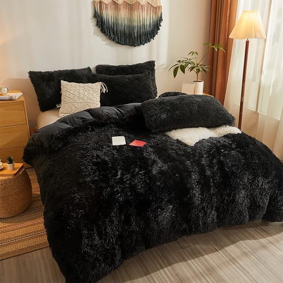 Faux Fur black Comforter set queen,Down Alternative Fur Comforter 3pcs Set(1 Plush Comforter +2 Furry Pillow Cases ) Luxury Modern All Season Microfiber Fill Duvet Insert Bedding (Black , Full/Queen)