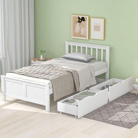 3ft Single Bed Frame With Large Storage Drawers,Modern Style Solid Pine Wooden Storage Bed Frame Furniture For Adults Kids Teenagers,White 190x90cm,Fitted Slats Strong Support Legs With Smooth Finish