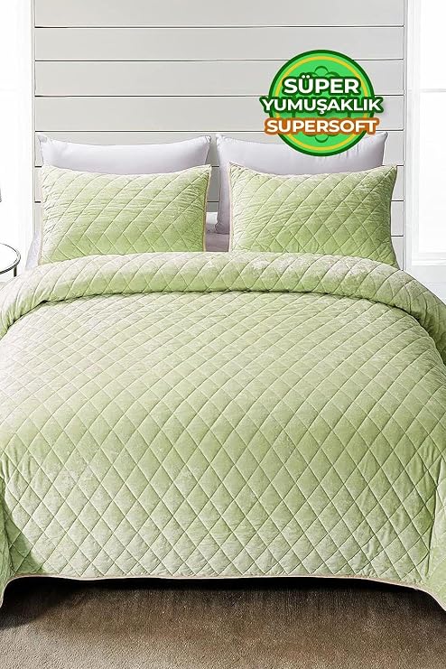 Kapitone Kadife Yatak Örtüsü Seti Çift Kişilik Supersoft 3 Parça Yumuşak Elyaf Dolgulu Yeşil