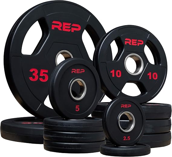 REP Fitness Rubber Coated Olympic Plates, Updated Design - Tri-Grip Olympic Barbell Weights Sold in Pairs and Sets...