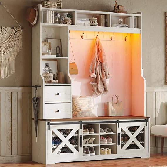 AMERLIFE 75" 7-in-1 Farmhouse Hall Tree with Shoe Bench & LED, Rustic White