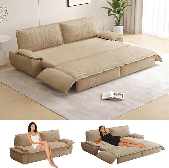73" Queen Pull Out Sofa Bed, 3-in-1 Convertible Sleeper Sofa, Sturdy Steel Frame Pull Out Loveseat Sleeper, Small Pull Out Couch with Washable Velvet Corduroy Covers for Small Spaces, (Camel)
