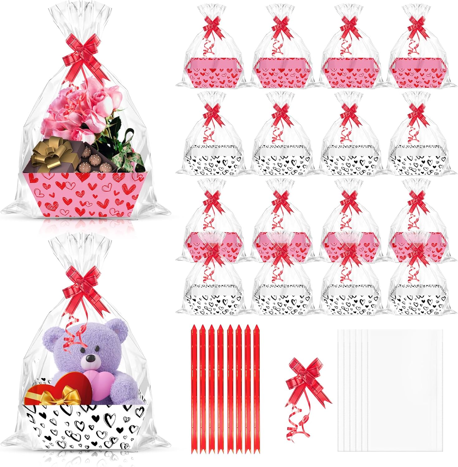 CIEOVO 24 Set Mothers Day Party Empty Gifts Baskets with Cellophane Basket Bows, Valentine Heart Market Tray Cardboard Basket to Fill for Mothers Day Birthday Wedding Party Decor