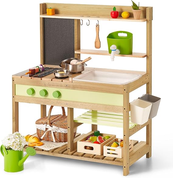 Giant bean Mud Kitchen Playset for Kids, Deluxe Wooden Toy Play Kitchen Set