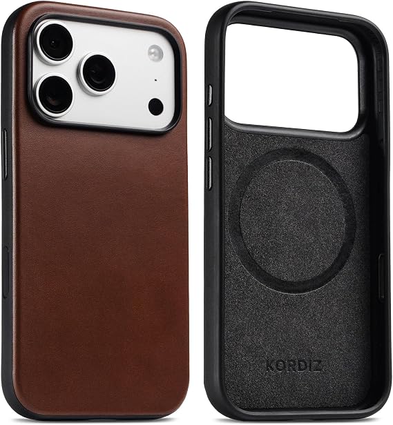KORDIZ Impact Leather Case for iPhone 17 Pro Max Full-Grain Leather MagSafe Case with Camera Control Button 360 Shockproof Bumper Rugged Patina-Ready Protection Slim Grip Cover (Dark Brown)