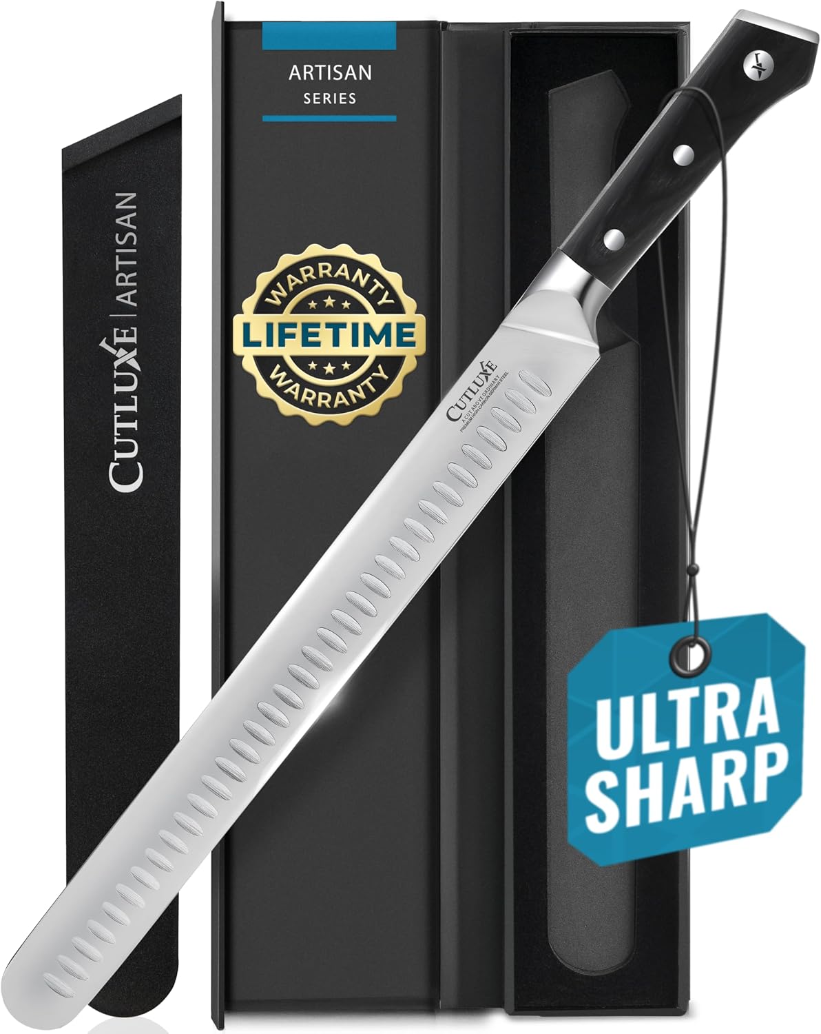 Cutluxe Slicing Carving Knife – 12 Brisket Knife, Meat Cutting and BBQ Knife – Razor Sharp German Steel, Sheath Included, Full Tang, Ergonomic Handle Design – Artisan Series