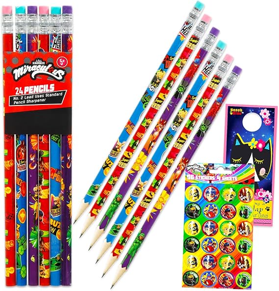 Ultimate Miraculous Party Favors Set - Bundle with 24 Pencils Featuring Ladybug, Cat Noir, More Plus Stickers | Miraculous Birthday Party Supplies