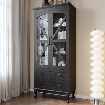 72 Tall Bookcase with Glass Doors, Farmhouse 3-Tier Book Shelf with 2 Drawer, Arc bookshelf with Storage Cabinet, Wood Freestanding Display Bookshelves,China Cabinet for Living Room, Home Office