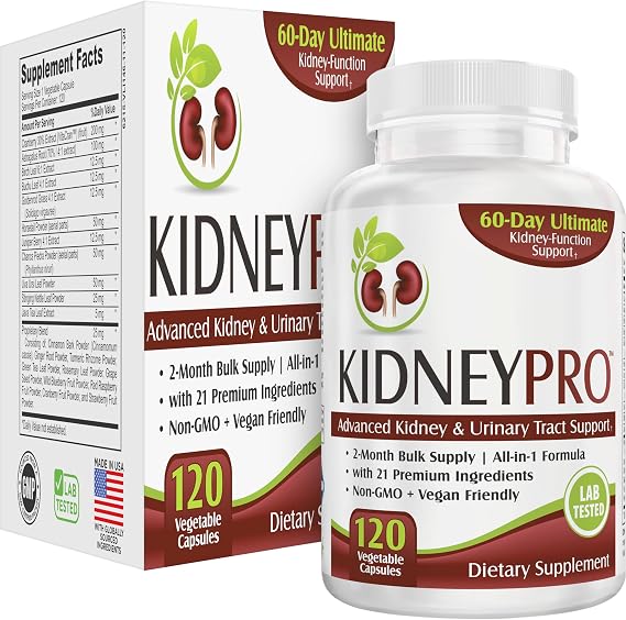 Kidney-Pro: with 21 Kidney Health Supplements in 1 Formula | All-in-1 Kidney Support Supplement | 2-Month Bulk Supply | 120 Capsules