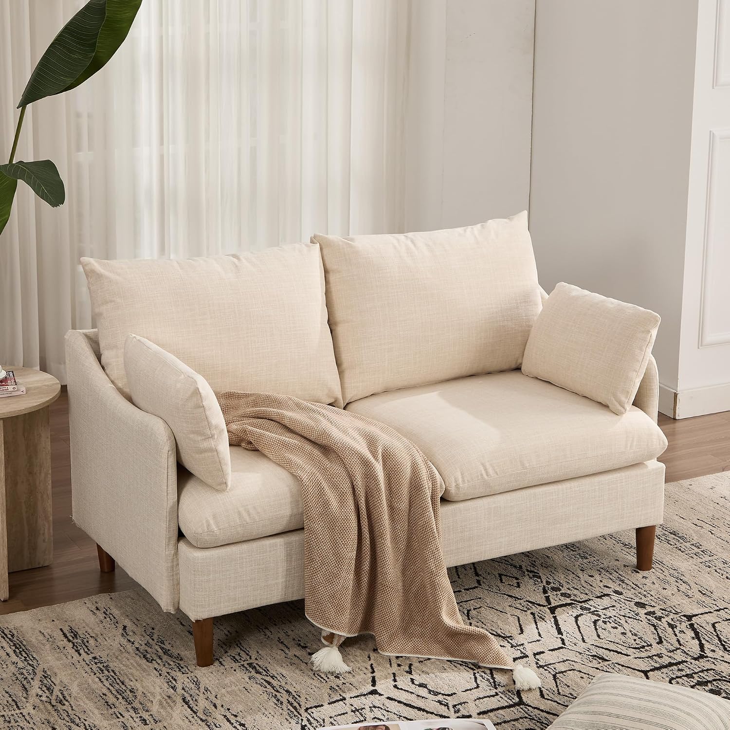 Kingfun 153cm Small 2 Seater Sofa, Linen Loveseat Sofa with 2 Pillows &amp; Curved Armrests for Small Space, Deep Seat Small Couch with Spring Cushions for Living Room &amp; Bedroom, Beige