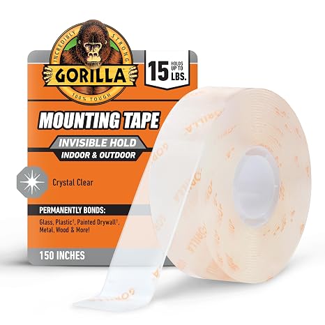 GORILLA Invisible Hold Mounting Tape, Clear Double-Sided Tape, 1" x 150"
