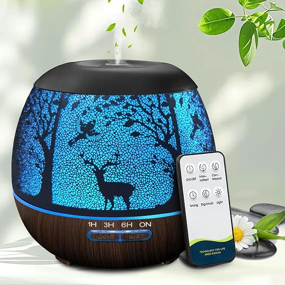 Essential Oil Diffuser for Bedroom,Diffusers for Home with Remote Control,Cool Mist Humidifier Large Room,Ultrasonic Scent Diffuser Waterless Auto Off,7 Colors Light & 3 Mist Modes for Desk Deer