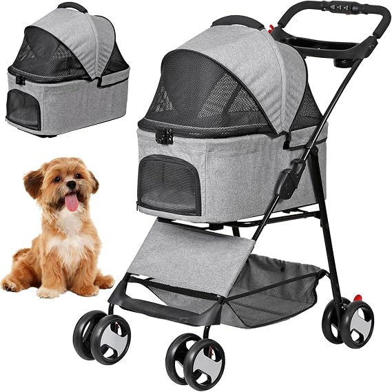 4 Wheels Dog Stroller with Detachable Carrier Folding Pet Strolling Cart for Small Medium Cats Puppies with Storage Basket Cup Holder, Gray