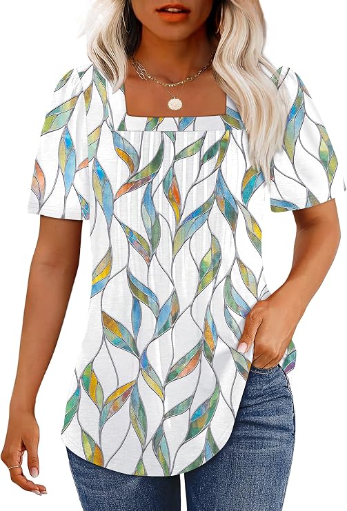 OFEEFAN T Shirts for Women Pleated Square Neck Dressy Casual Blouses Puff Short Sleeve Summer Tops Loose Fit