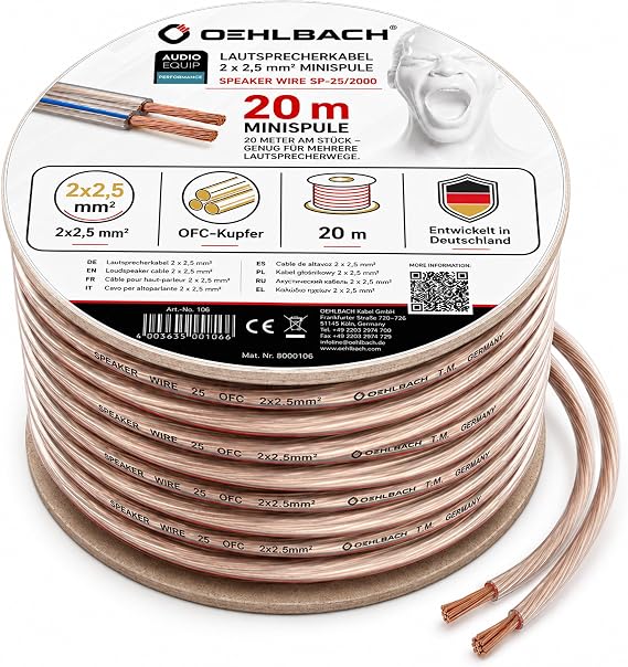 OEHLBACH Speaker Wire SP-25 Stereo Hi-Fi Speaker Cable, Speaker Cable with OFC (Oxygen-Free Copper) 2 x 2.5 mm² Mini Coil Speaker Cable - Crystal Clear 20 Metres