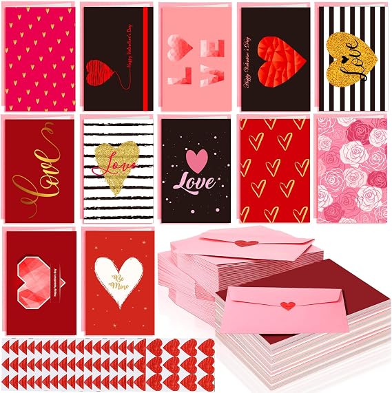 Gueevin 120 Pcs Valentine's Day Cards with Envelopes Bulk 4 x 6'' Foldable Love Heart Greeting Wedding Card with Envelopes and Stickers for Valentine's Day