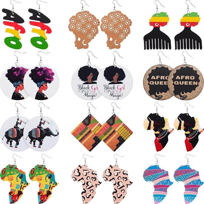 Hicarer 12 Pairs African Map Wooden Earrings, Ethnic Dangle for Women