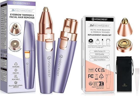 VG VOGCREST 2 in1 Trimmer with Replacement Heads - Rechargeable Facial Hair Removal and Eyebrow Shaver - Face Lips Body Painless Facial Razor with Built-in LED Light (Solar Purple)