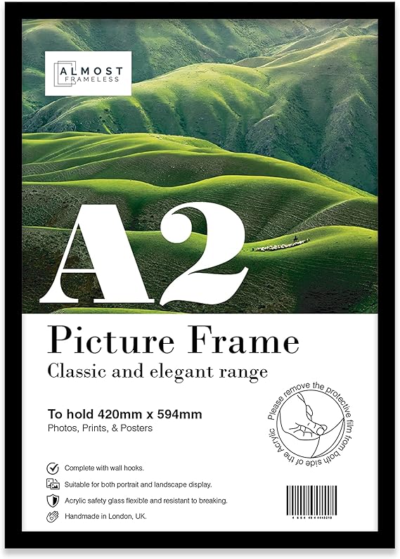 Almost Frameless A2 Black Picture Frame, Fits A2 (42 x 59.4cm - 16.5 x 23.4in) Poster, Photo, or Print. Portrait and Horizontal Wall Hooks