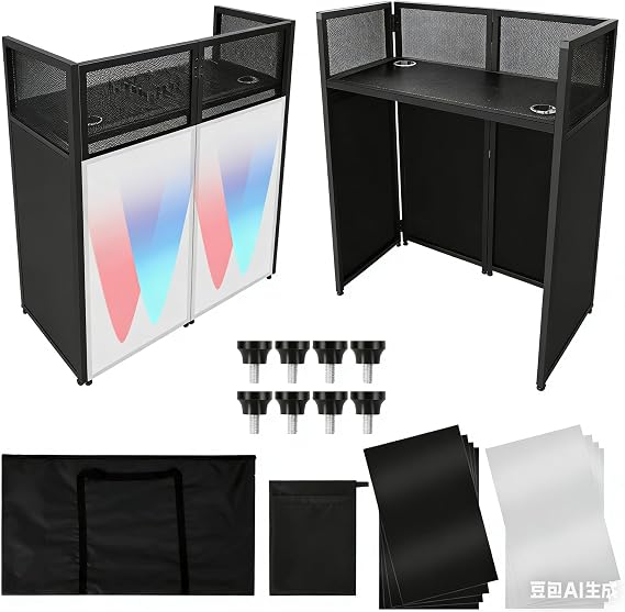 Portable DJ Facade Booth,42"L x 43"H x 21"W DJ Table Facade With White & Black Scrim,Foldable Metal Frame DJ Table Stand Station With Adjustable Feet for Party